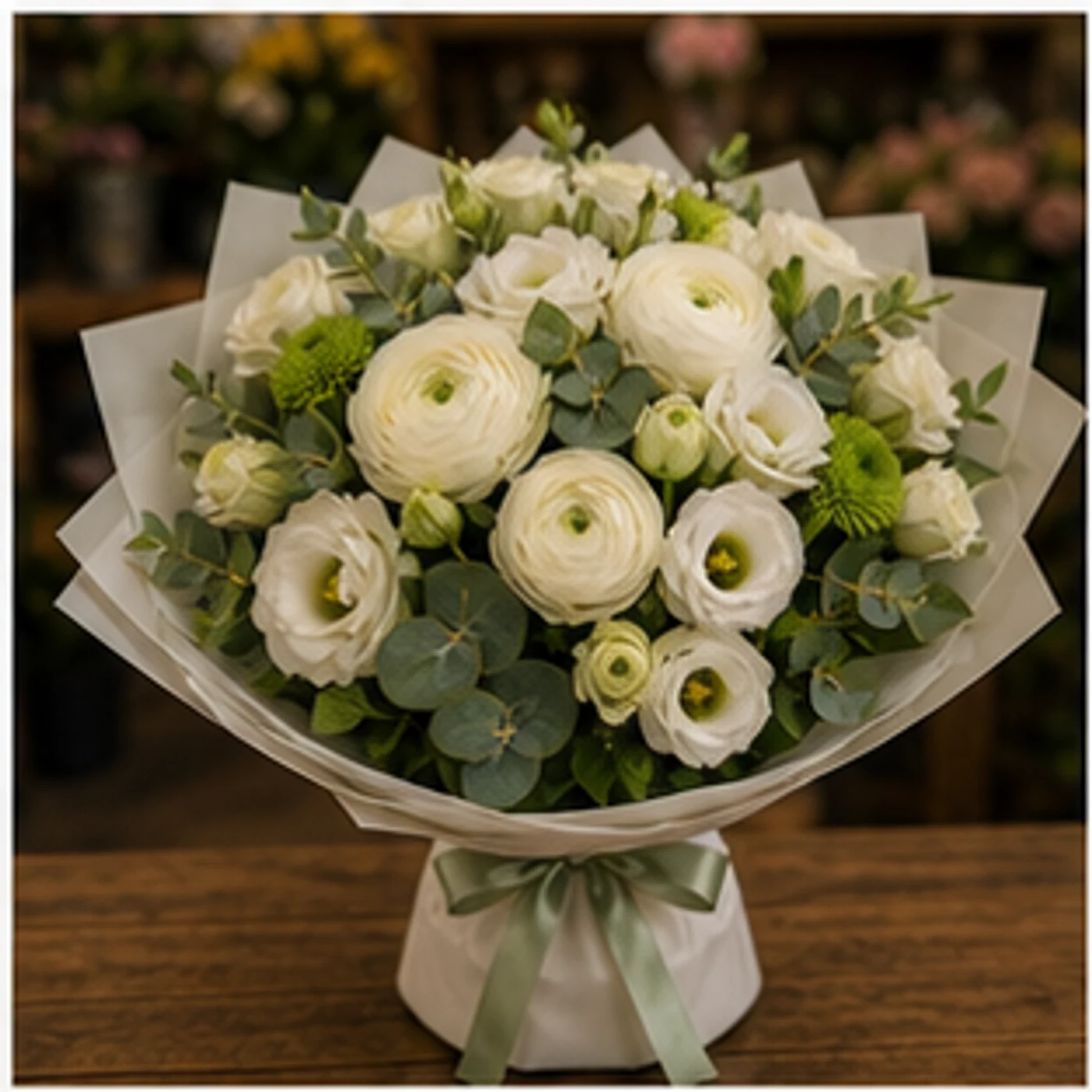 Buchet Ranunculus elegant alb verde - poza 3