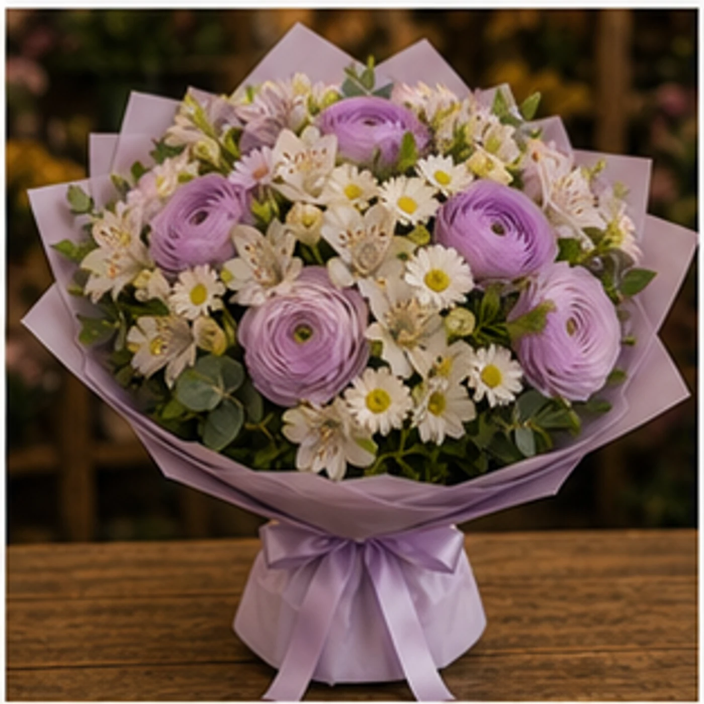 Buchet Ranunculus lila cu alstroemeria alba - poza 1