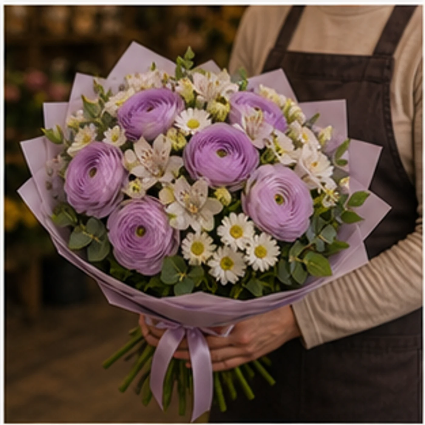 Buchet Ranunculus lila cu alstroemeria alba - poza 2