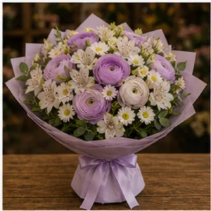 Buchet Ranunculus lila cu alstroemeria alba - poza 3