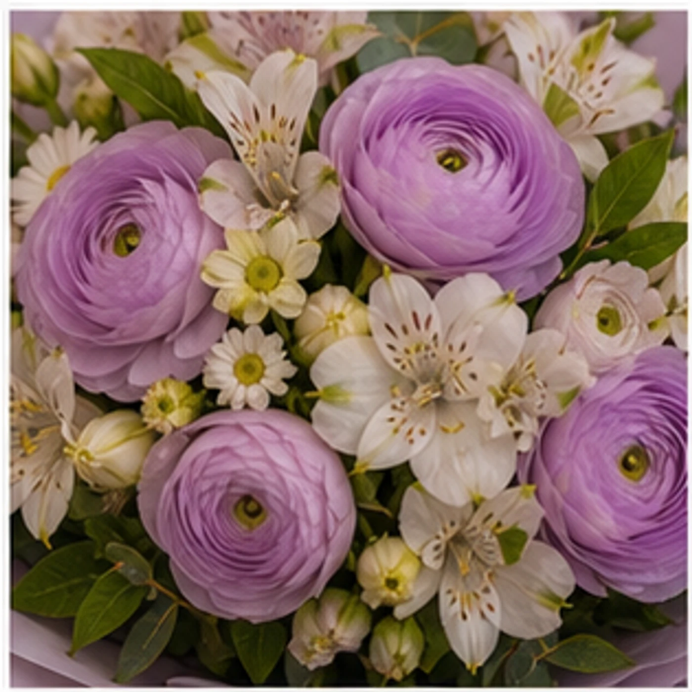Buchet Ranunculus lila cu alstroemeria alba - poza 4