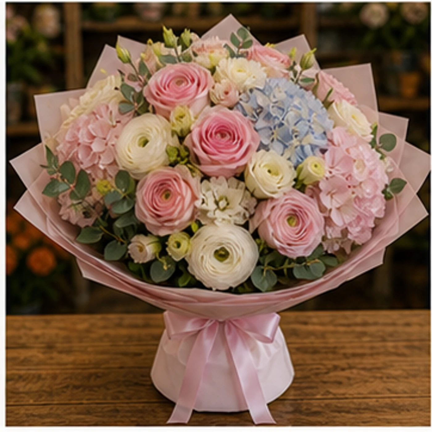Buchet Ranunculus lux pastel cu hortensie - poza 1