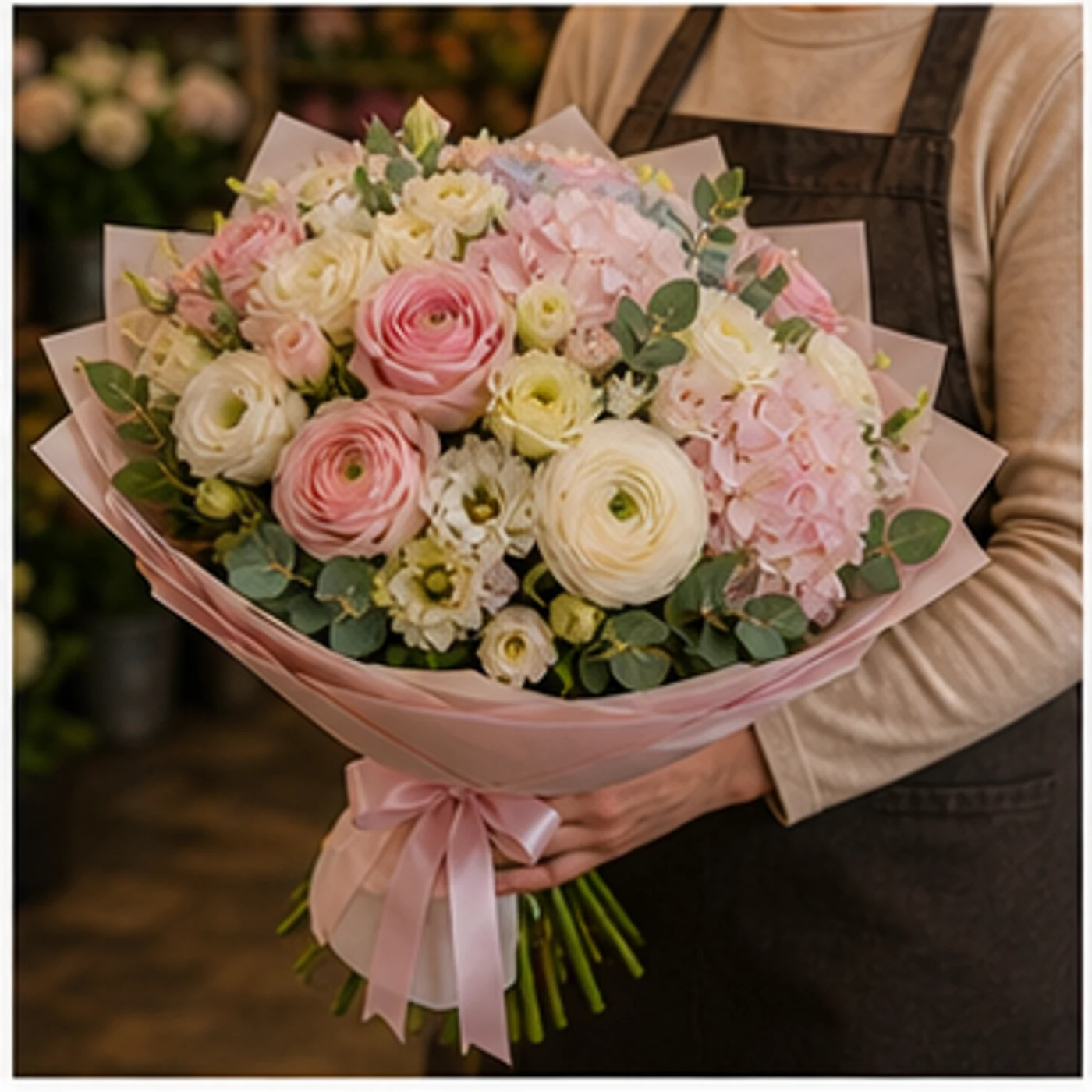 Buchet Ranunculus lux pastel cu hortensie - poza 2