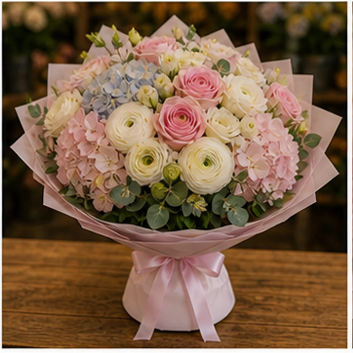 Buchet Ranunculus lux pastel cu hortensie - poza 3