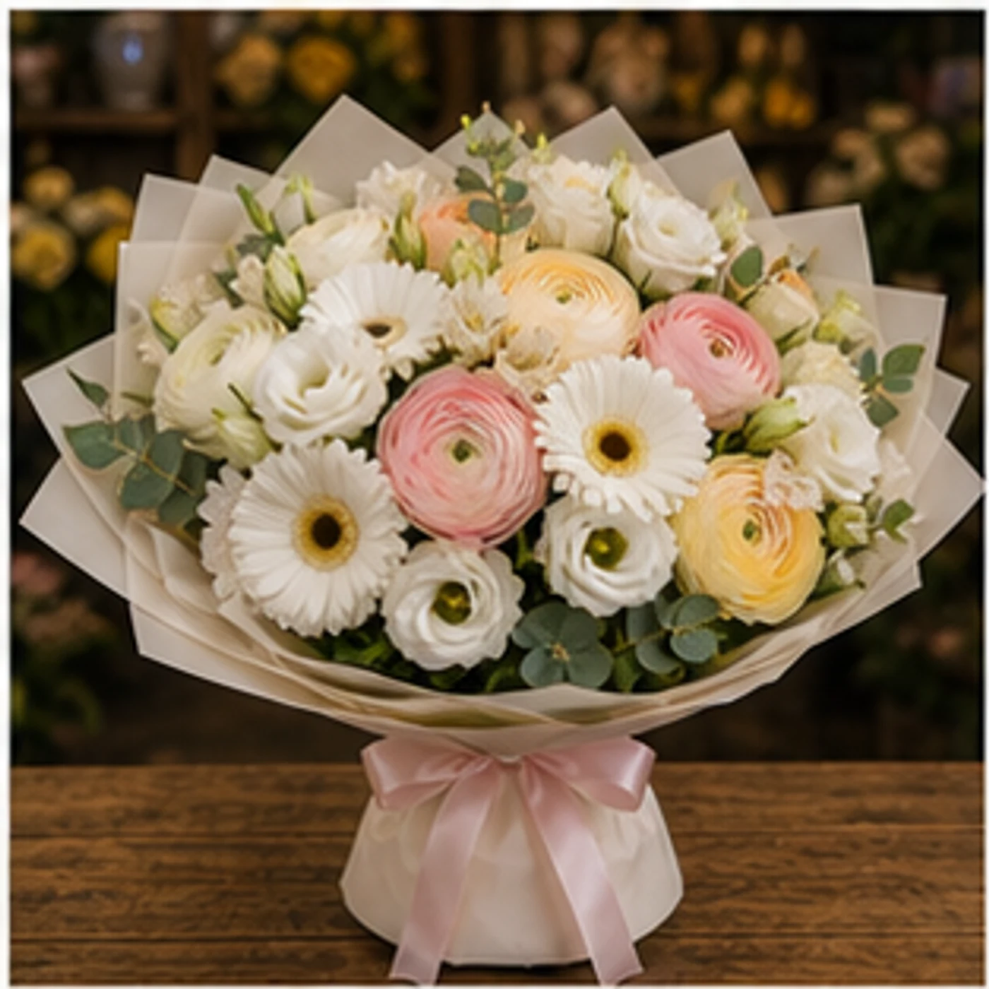 Buchet Ranunculus pastel cu gerbera alba - poza 1