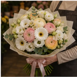 Buchet Ranunculus pastel cu gerbera alba - poza 2