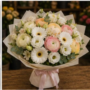 Buchet Ranunculus pastel cu gerbera alba - poza 3