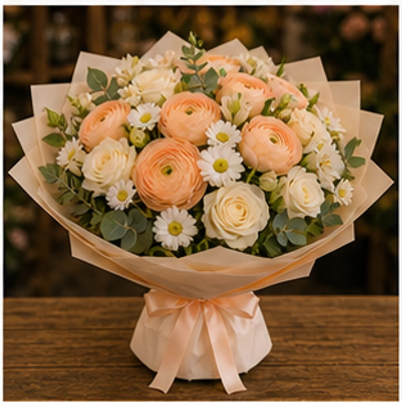 Buchet Ranunculus piersica cu trandafiri crem - poza 1