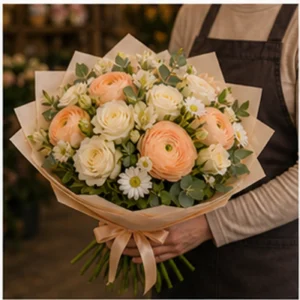 Buchet Ranunculus piersica cu trandafiri crem - poza 2
