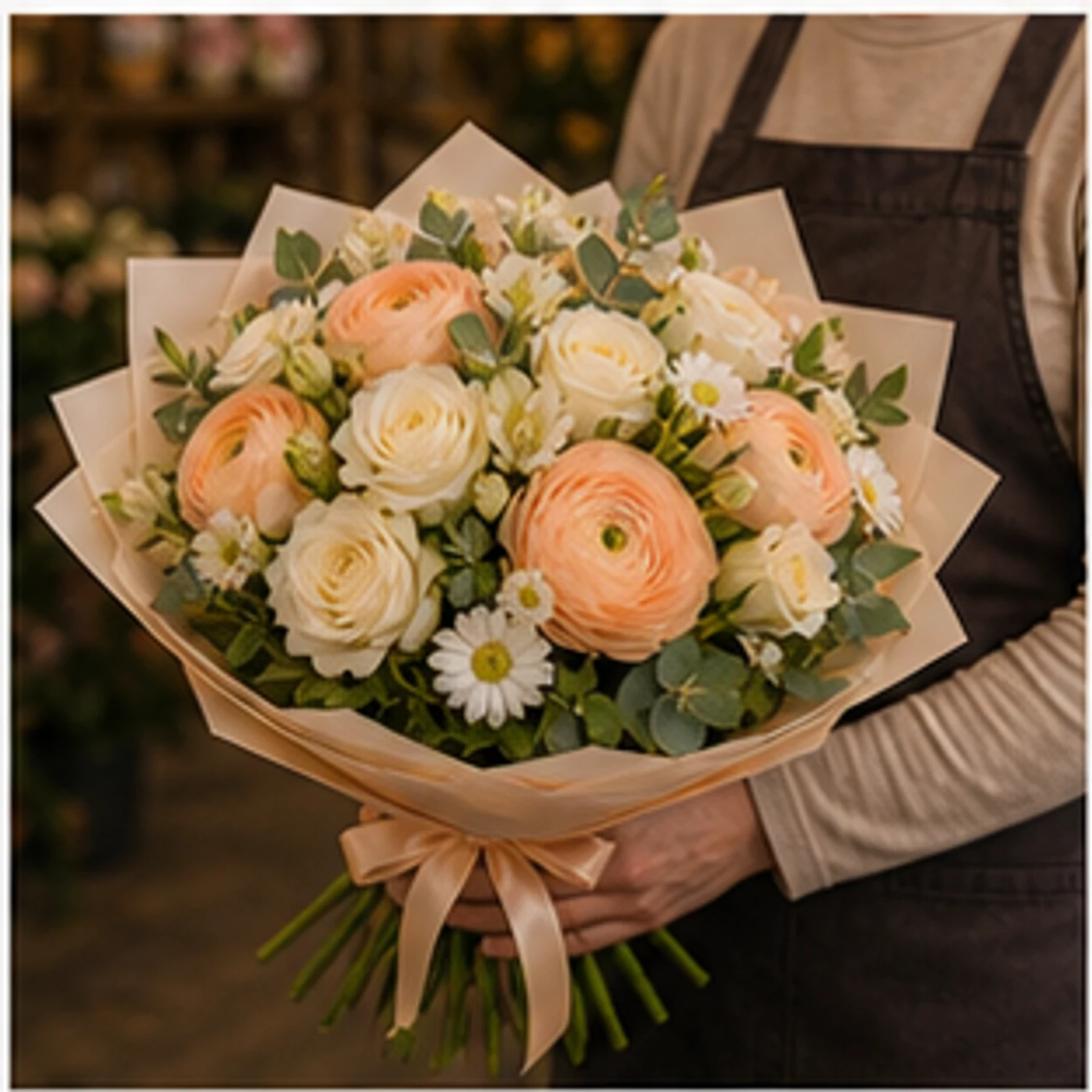 Buchet Ranunculus piersica cu trandafiri crem - poza 2