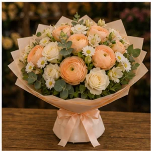 Buchet Ranunculus piersica cu trandafiri crem - poza 3