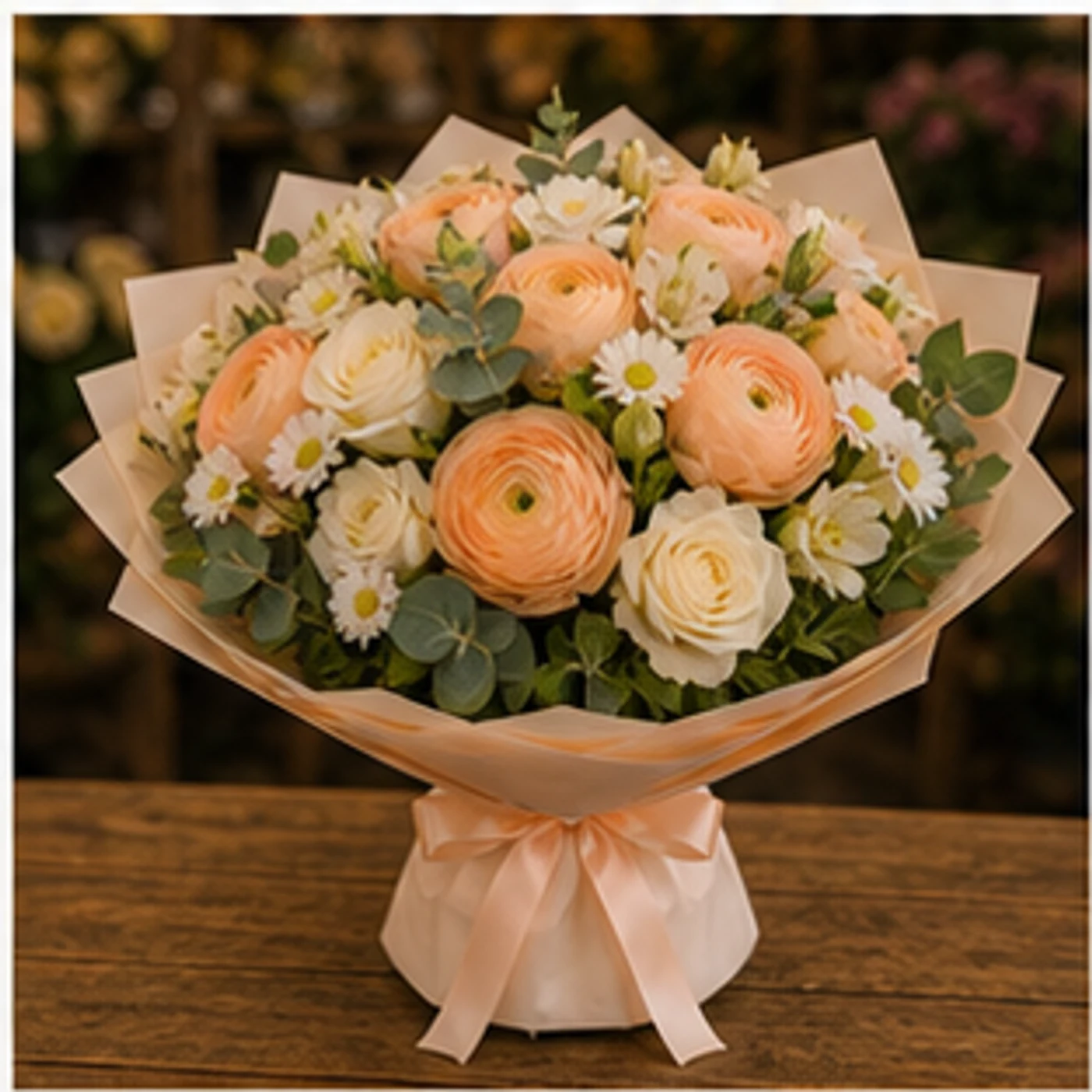 Buchet Ranunculus piersica cu trandafiri crem - poza 3