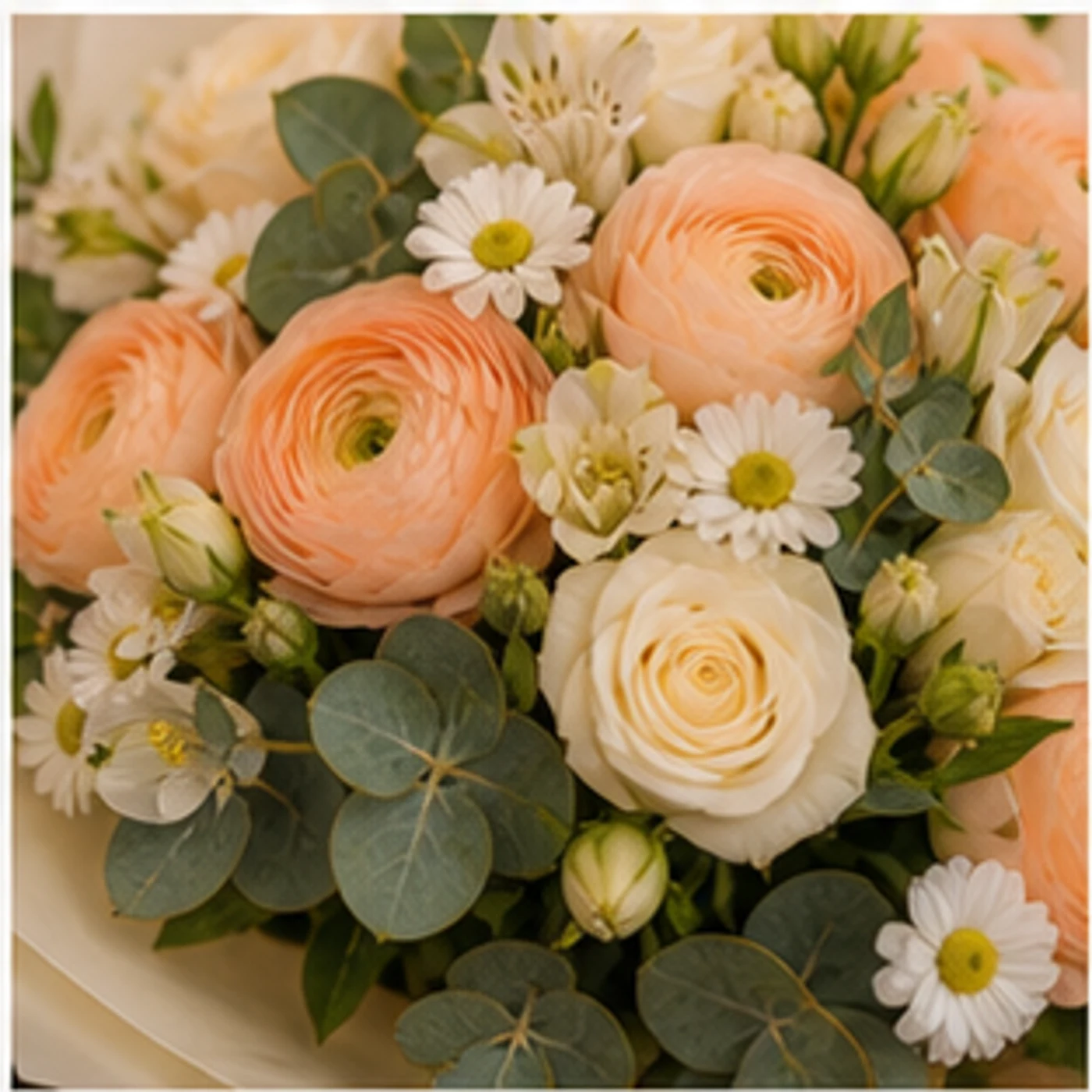 Buchet Ranunculus piersica cu trandafiri crem - poza 4