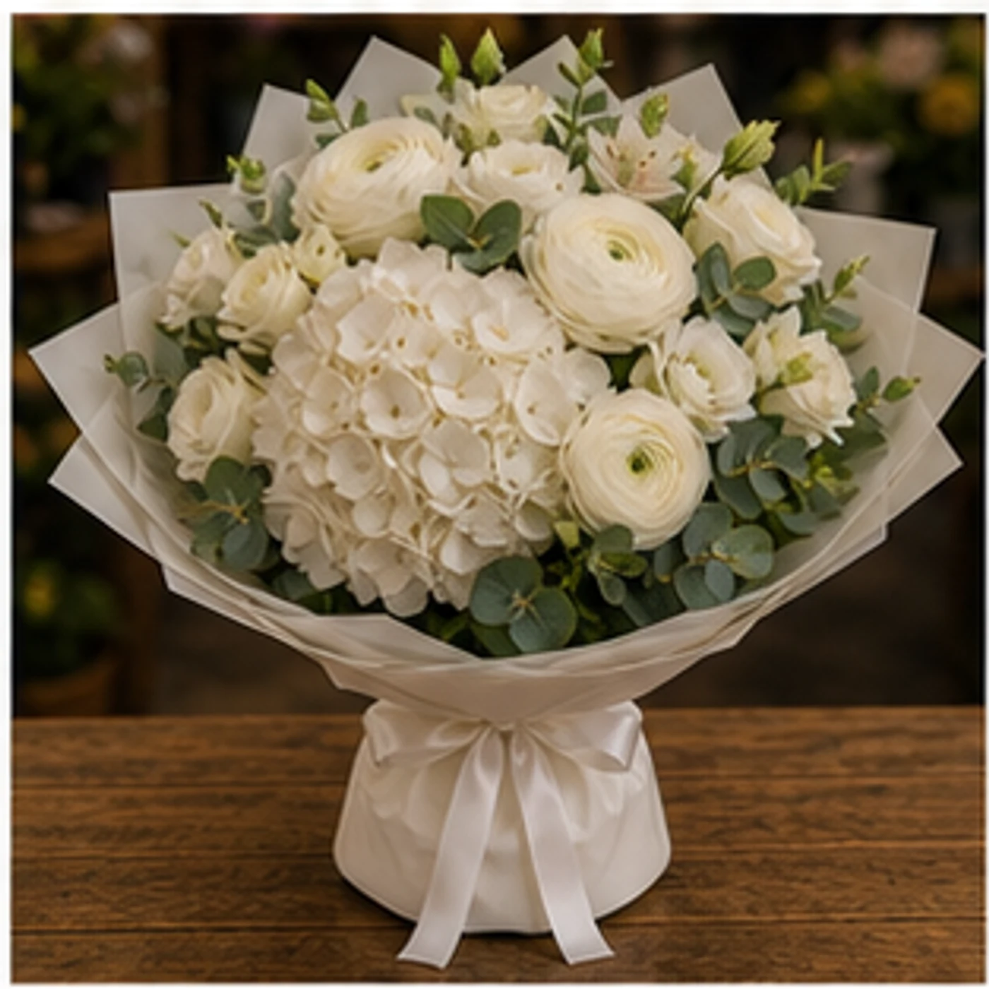 Buchet Ranunculus premium cu hortensie alba - poza 1