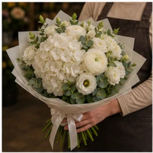 Buchet Ranunculus premium cu hortensie alba - poza 2