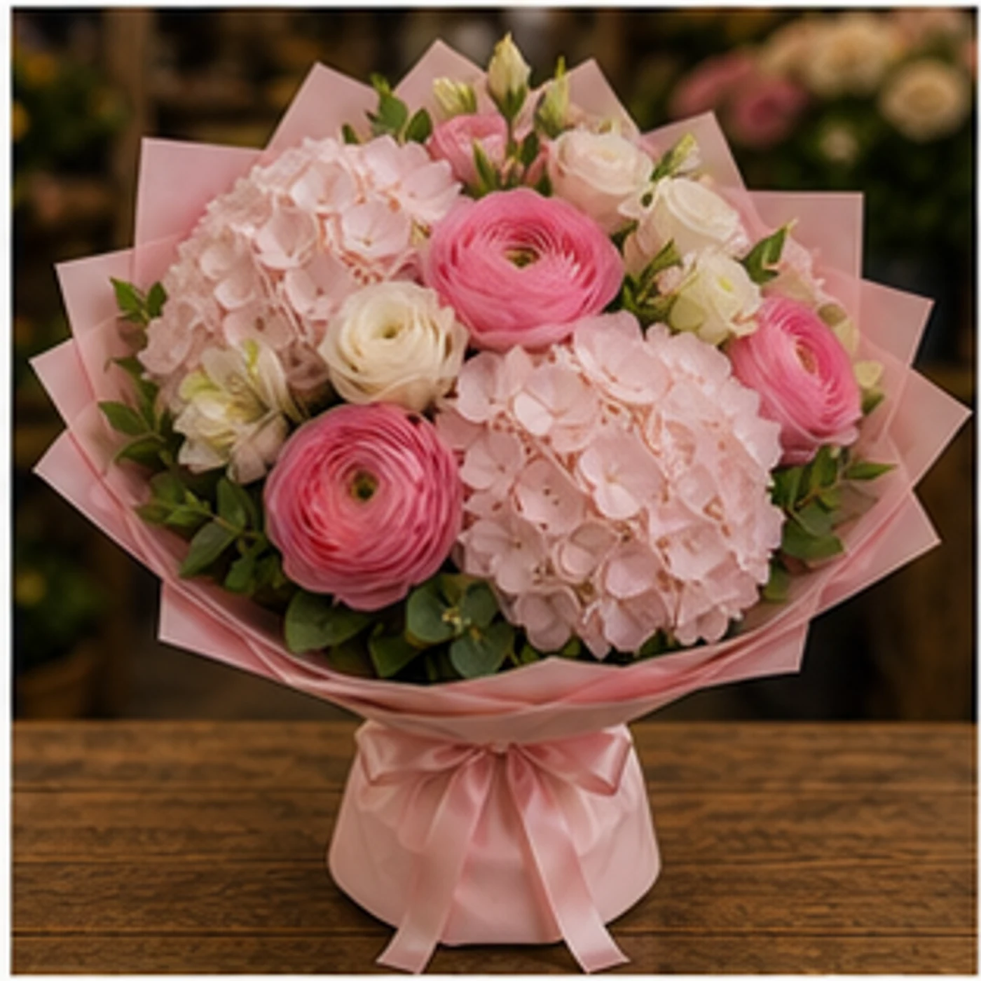 Buchet Ranunculus premium roz cu hortensie - poza 1