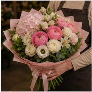 Buchet Ranunculus premium roz cu hortensie - poza 2