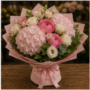 Buchet Ranunculus premium roz cu hortensie - poza 3