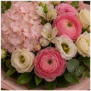 Buchet Ranunculus premium roz cu hortensie - poza 4
