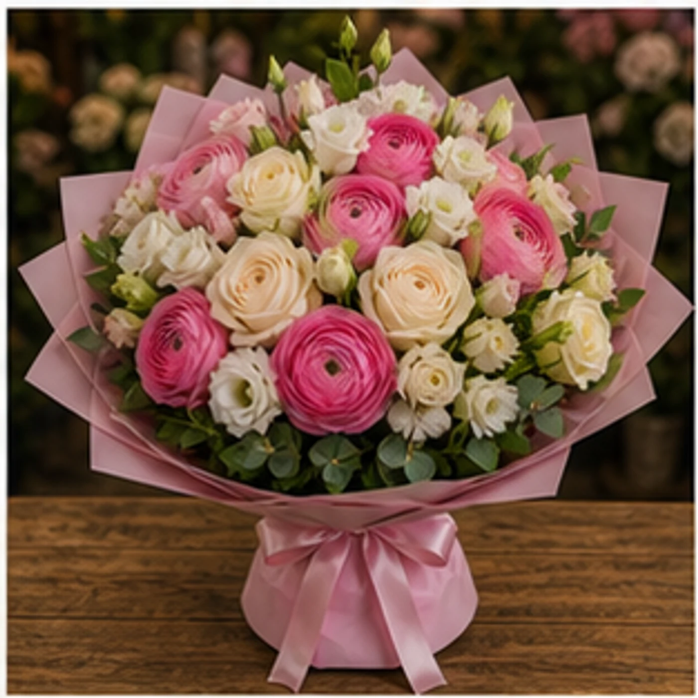 Buchet Ranunculus roz intens cu lisianthus - poza 1