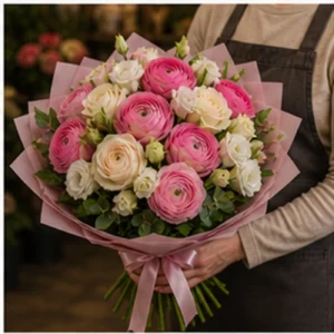 Buchet Ranunculus roz intens cu lisianthus - poza 2
