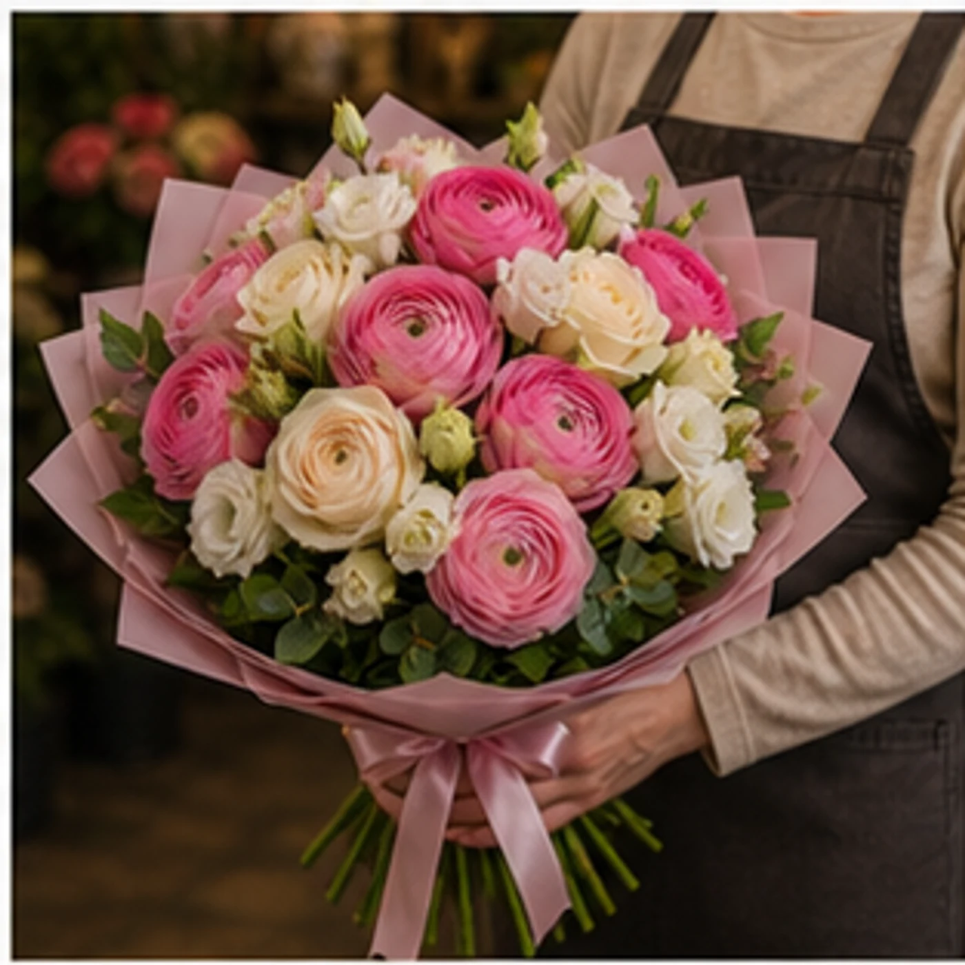 Buchet Ranunculus roz intens cu lisianthus - poza 2