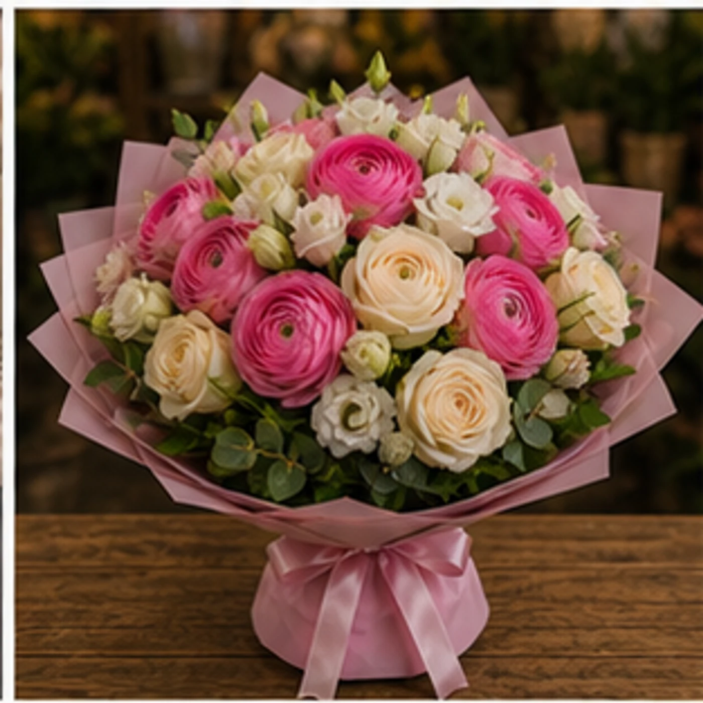 Buchet Ranunculus roz intens cu lisianthus - poza 3