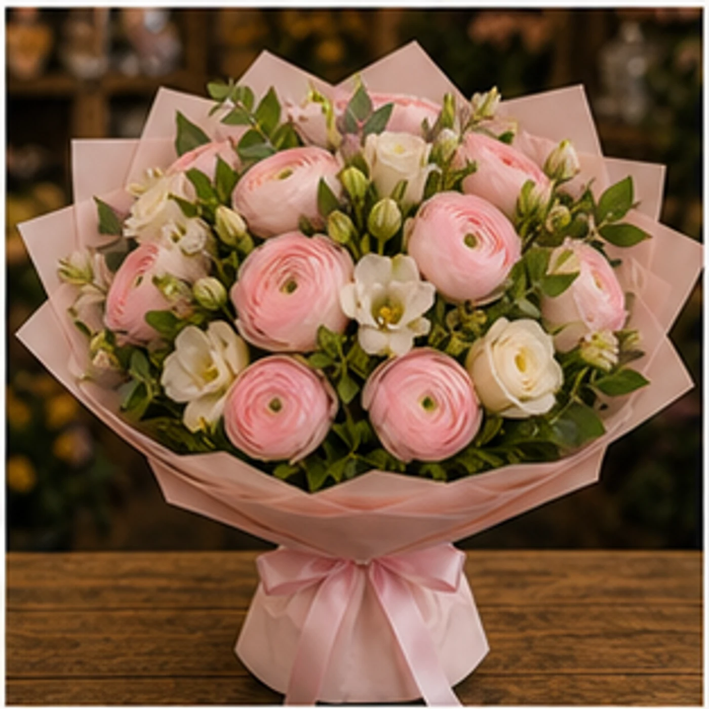 Buchet Ranunculus roz pal cu salal - poza 1