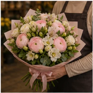 Buchet Ranunculus roz pal cu salal - poza 2