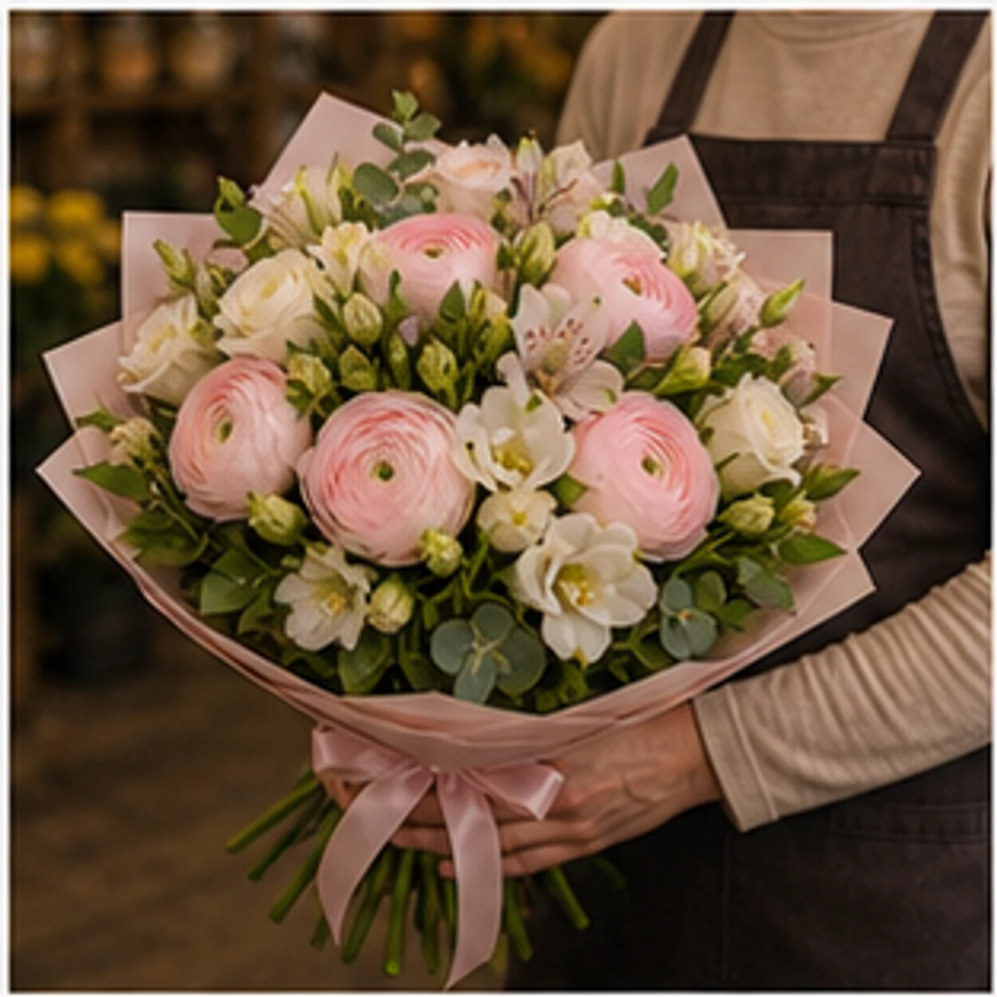 Buchet Ranunculus roz pal cu salal - poza 2