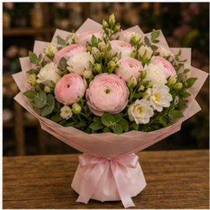Buchet Ranunculus roz pal cu salal - poza 3