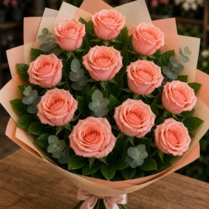 Buchet trandafiri roz 11 fire piersica - poza 2
