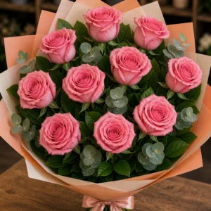 Buchet trandafiri roz 11 fire piersica - poza 3
