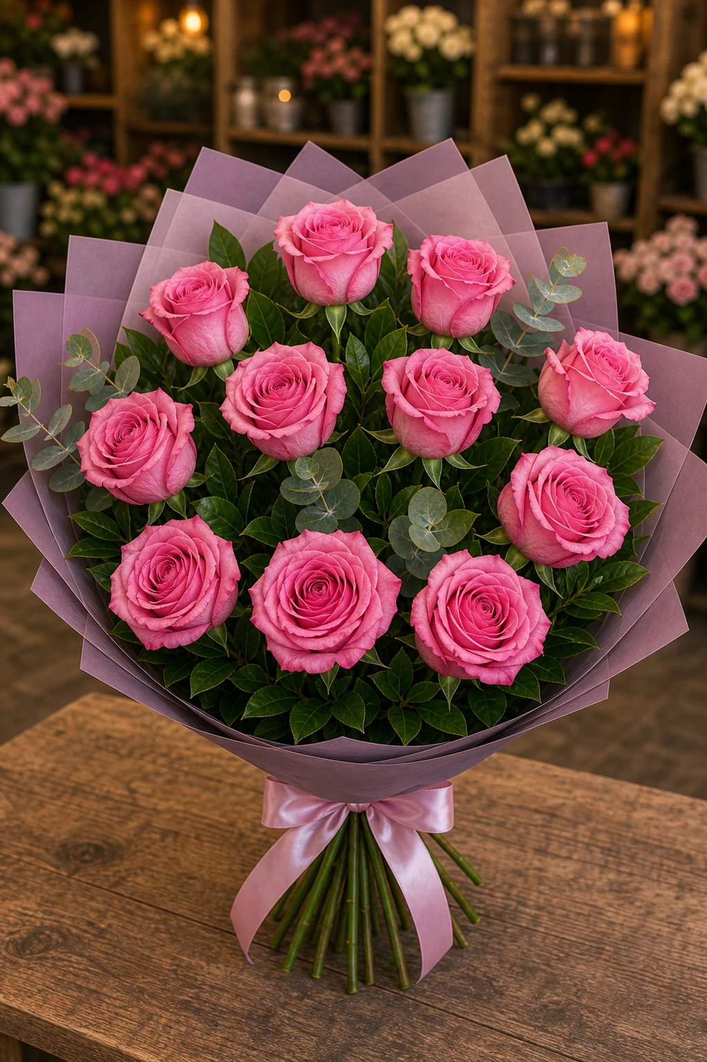 Buchet trandafiri roz 11 fire romantic - poza 1