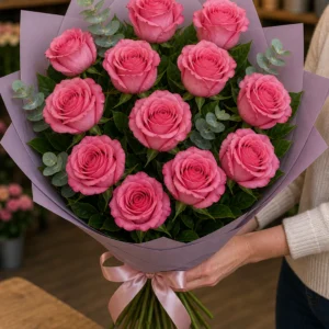 Buchet trandafiri roz 11 fire romantic - poza 2