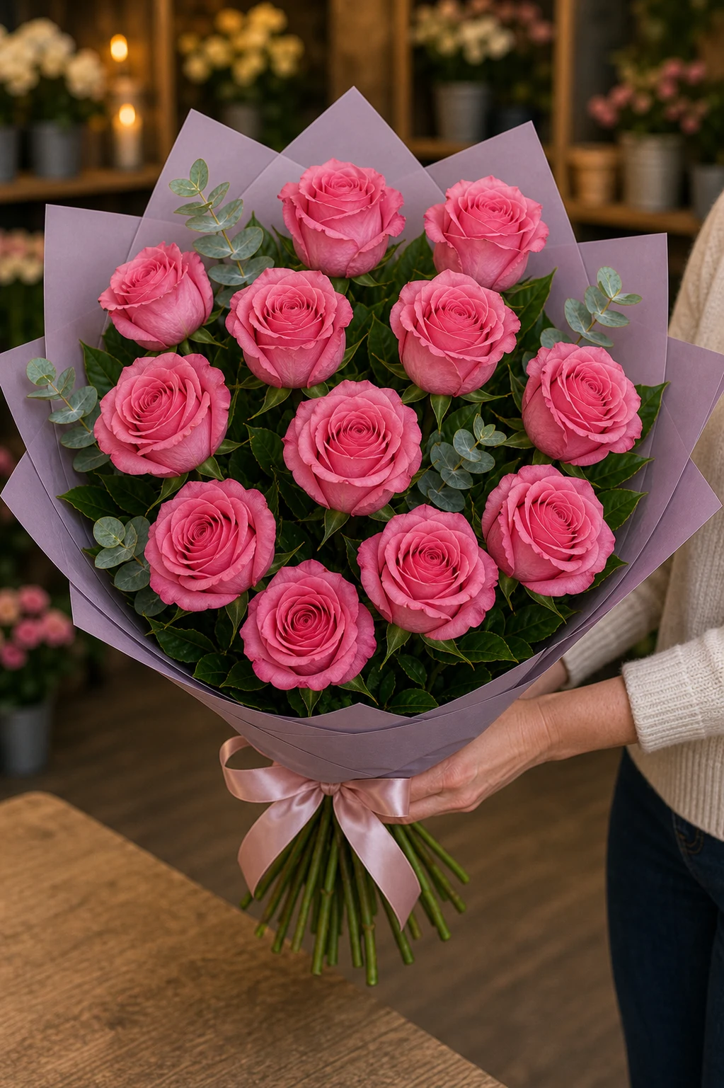 Buchet trandafiri roz 11 fire romantic - poza 2
