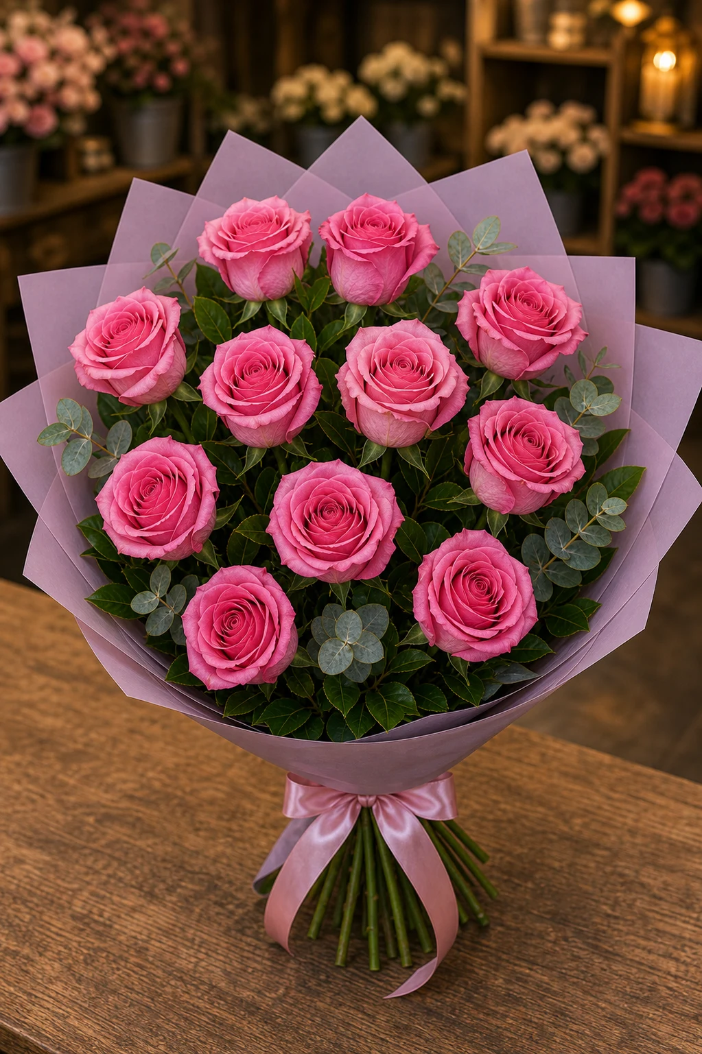 Buchet trandafiri roz 11 fire romantic - poza 3