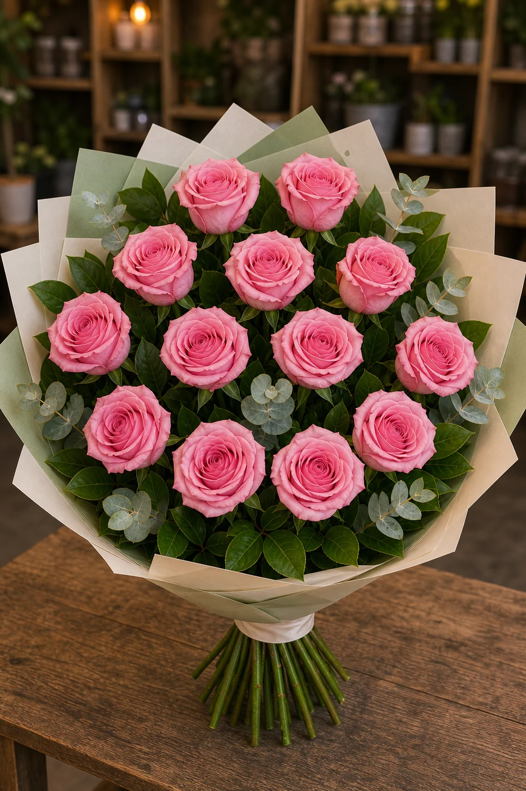Buchet trandafiri roz 13 fire elegant - poza 1