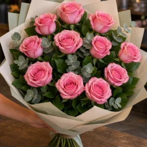 Buchet trandafiri roz 13 fire elegant - poza 2