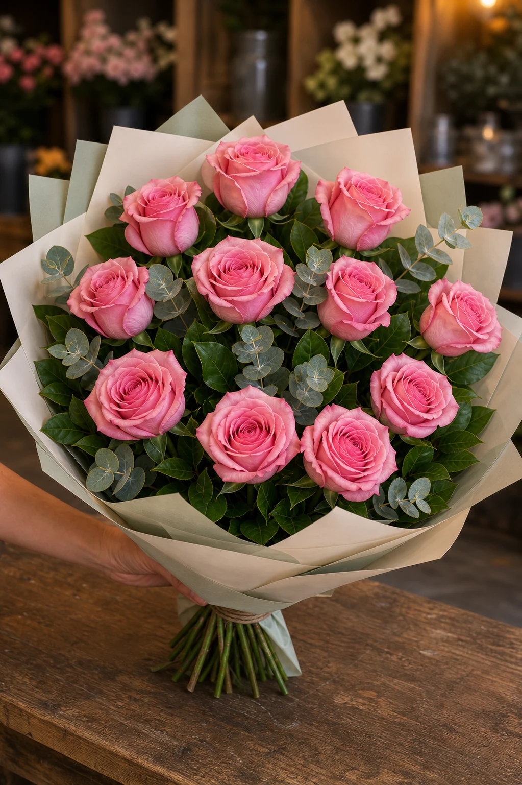 Buchet trandafiri roz 13 fire elegant - poza 2