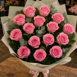 Buchet trandafiri roz 13 fire elegant - poza 3