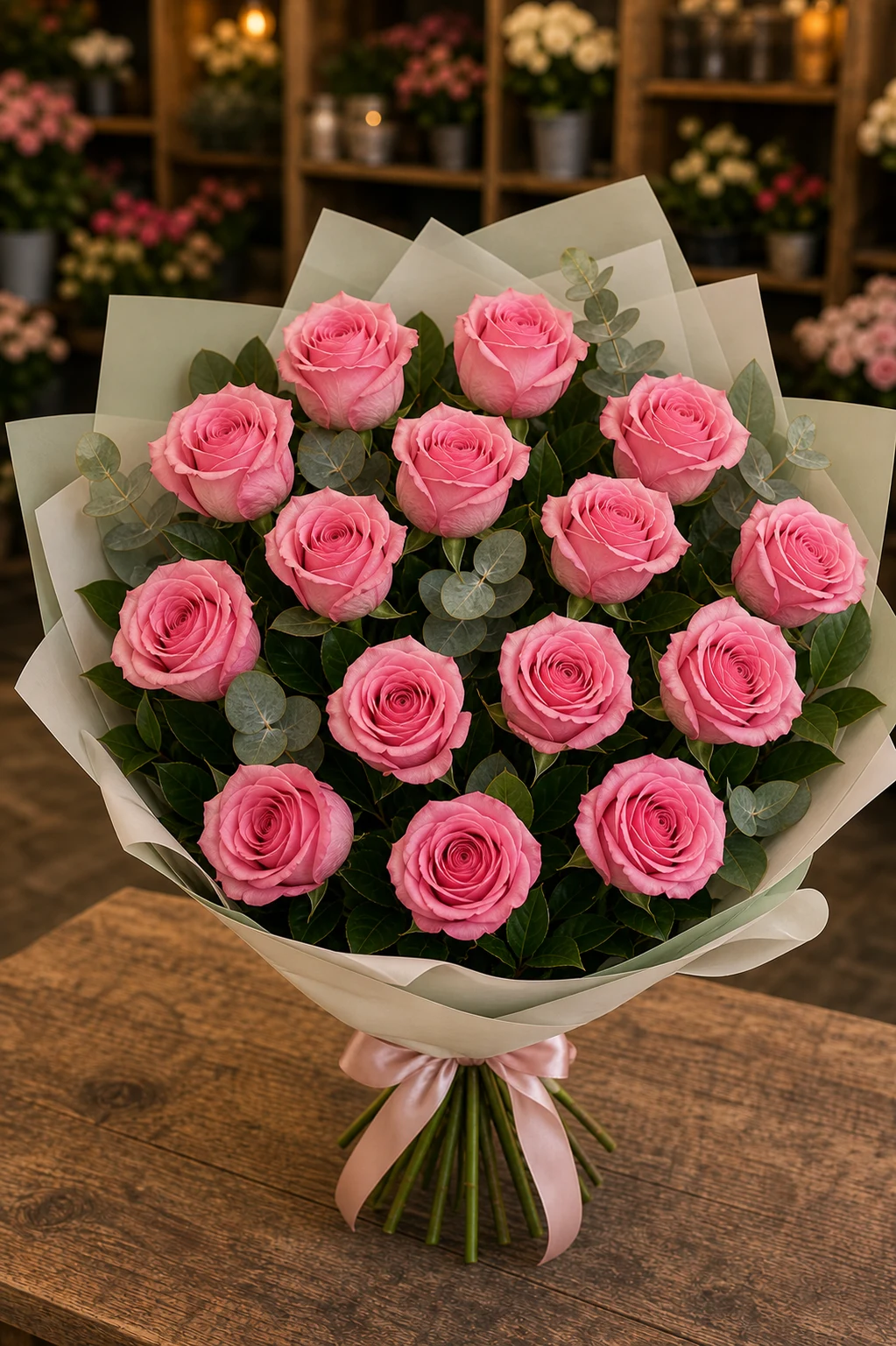 Buchet trandafiri roz 13 fire elegant - poza 3
