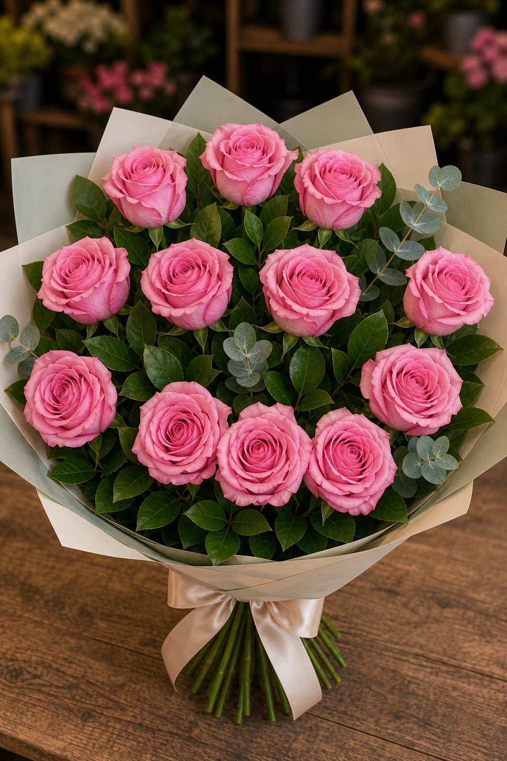 Buchet trandafiri roz 13 fire elegant - poza 4