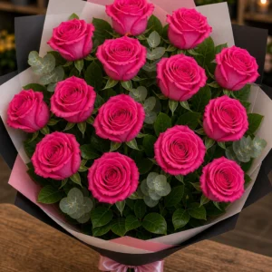 Buchet trandafiri roz 13 fire premium ciclam - poza 1