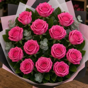Buchet trandafiri roz 13 fire premium ciclam - poza 2
