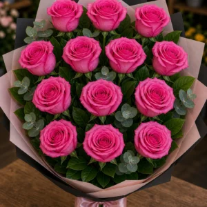 Buchet trandafiri roz 13 fire premium ciclam - poza 3