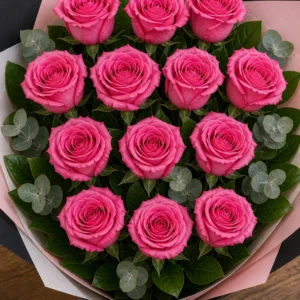 Buchet trandafiri roz 13 fire premium ciclam - poza 4