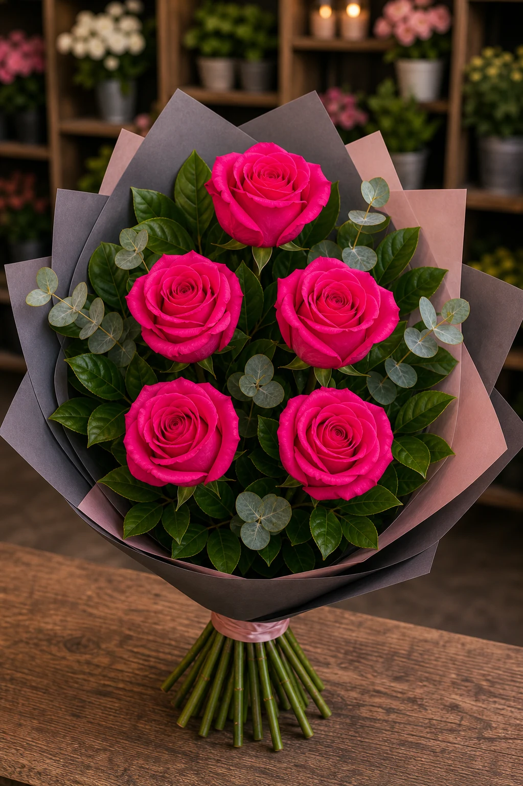 Buchet trandafiri roz 5 fire fuchsia modern - poza 1