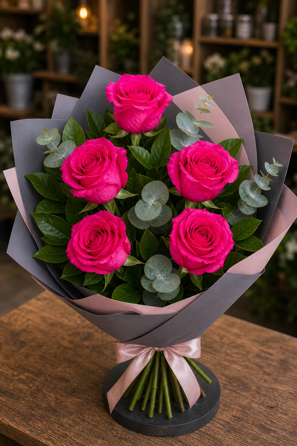 Buchet trandafiri roz 5 fire fuchsia modern - poza 2