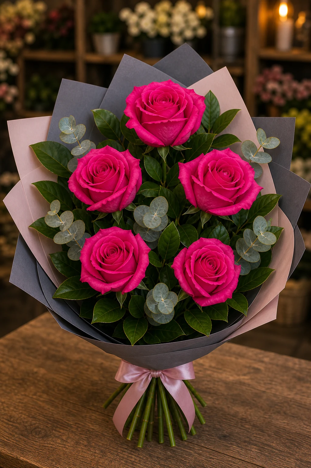 Buchet trandafiri roz 5 fire fuchsia modern - poza 3